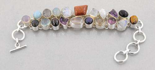 63 Gm Multi Gemstone Silver Bracelet-Tiger Eye, Amethyst, Rose Quartz, Sapphire Etc. Stone