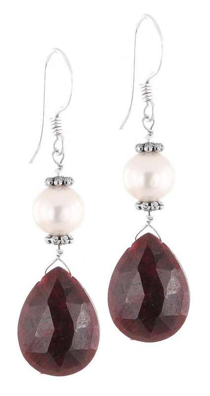 27 Carat Ruby and Pearl Gemstone Beaded Dangler Earrings