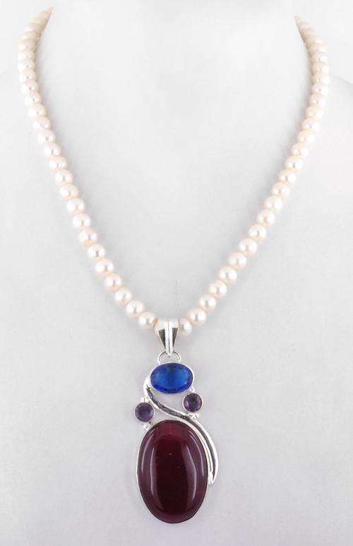 208 Ct Cabochon Pearl and Agate Gemstone Beaded Necklace - Handmade in India