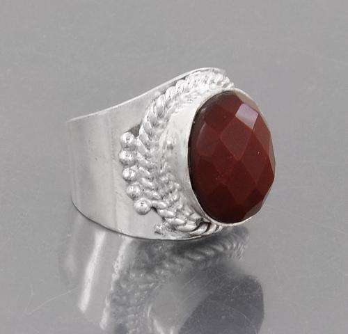 Red Quartz Gemstone Ring in Silver Alloy - Handmade in India
