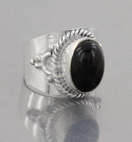 Designer Black Onyx Gemstone Ring in Silver Alloy - Handcrafted in India