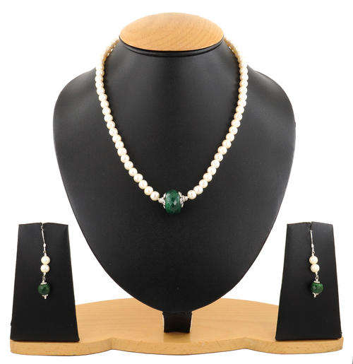190 Ct Single Row Pearl gemstone Beaded Necklace With Matching Earrings
