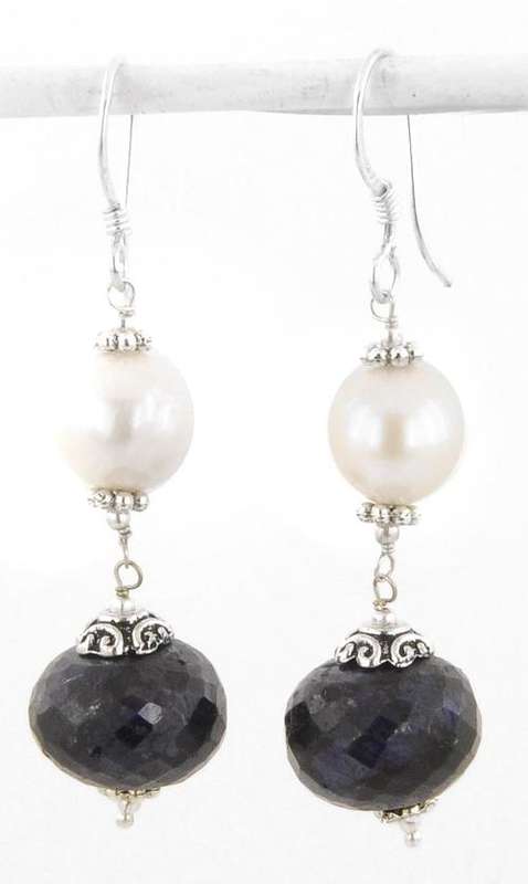55 Ct Pearl With Sapphire Gemstone Silver Earrings-Handcrafted in India