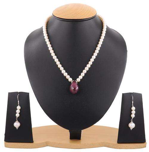210 Carat Pearl and Ruby Gemstone Beaded Necklace - Free Matching Earrings