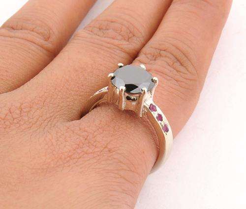 2.00 Ct Round Cut Moissanite Black Diamond Ring With Rubies