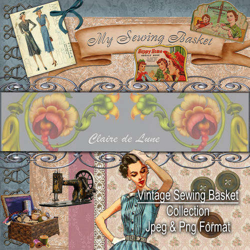 Vintage Sewing Basket Digital Scrapbook Collection - Free Shipping!