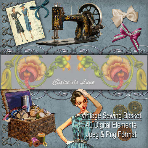 Vintage Sewing Basket Elements - Download, Cut & Paste - Free Shipping!