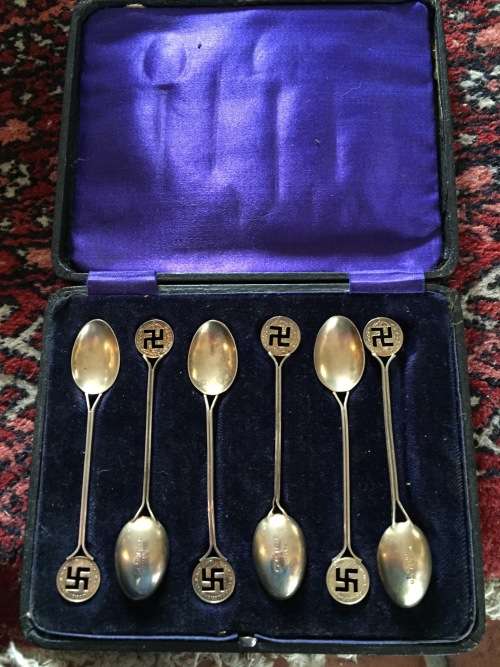 Hallmarked Silver spoons with swastika in original box ( Chester 1908/9)