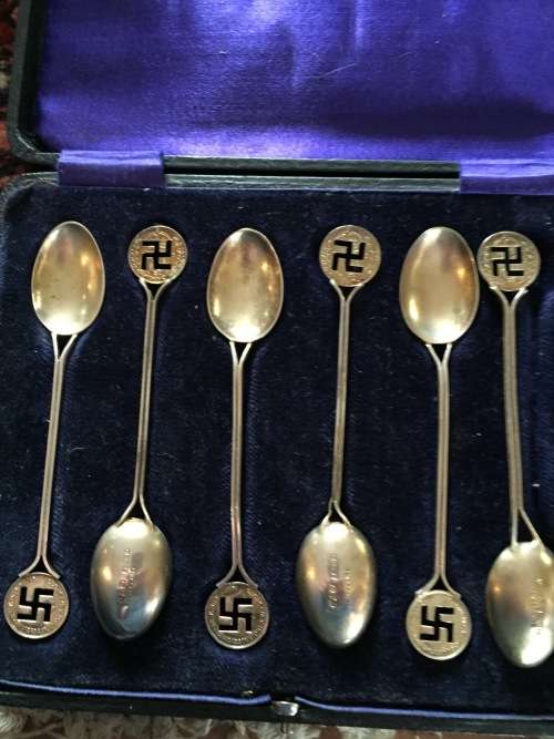 Hallmarked Silver spoons with swastika in original box ( Chester 1908/9)