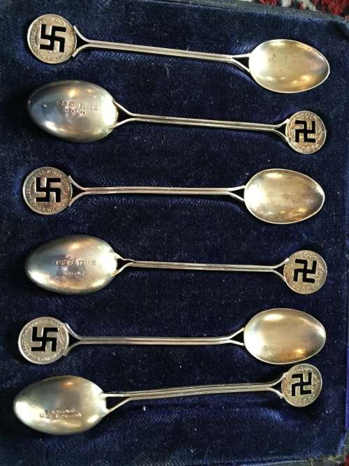 Hallmarked Silver spoons with swastika in original box ( Chester 1908/9)