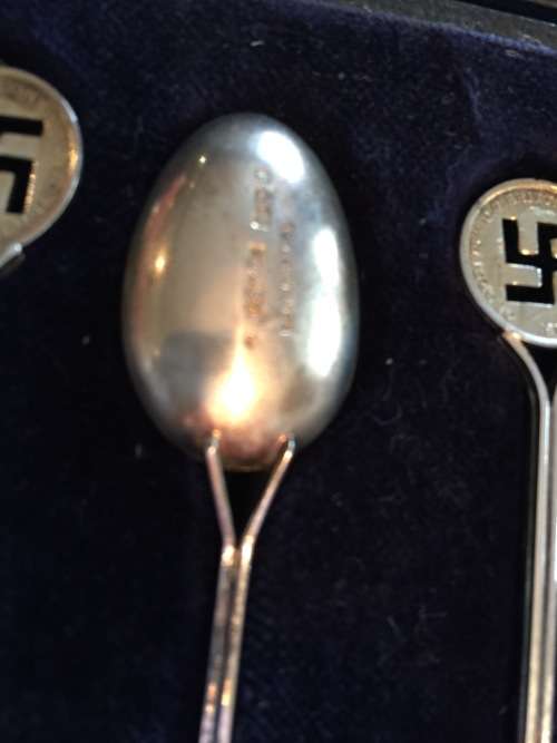 Hallmarked Silver spoons with swastika in original box ( Chester 1908/9)