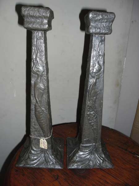 CANDLE STICKS : PAIR OF PEWTER ART NOUVEAU STICKS