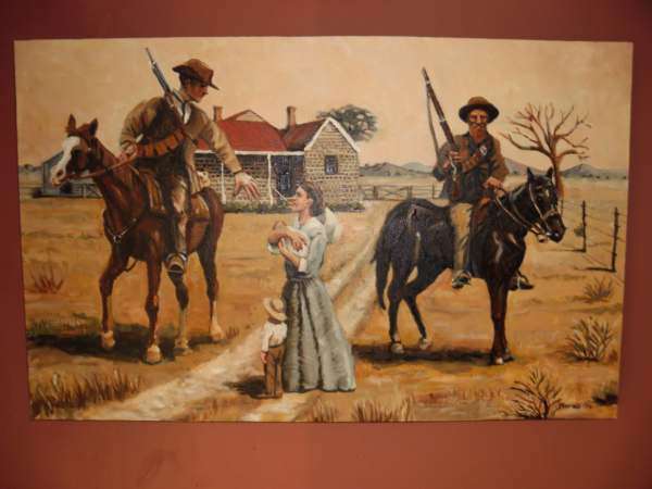 BOER WAR OIL ON CANVAS BY FANIE MARAIS: BOER KRYGERS LEAVING THE FARM