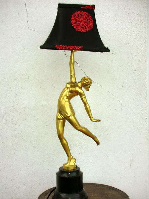 German Art Deco Lamp, spelter on marble base , 65 cm