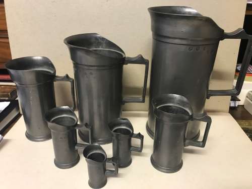 Set of  7 Victorian Pewter/Tin Measure Jugs ( set of 7, from 20 cm to 4 cm )