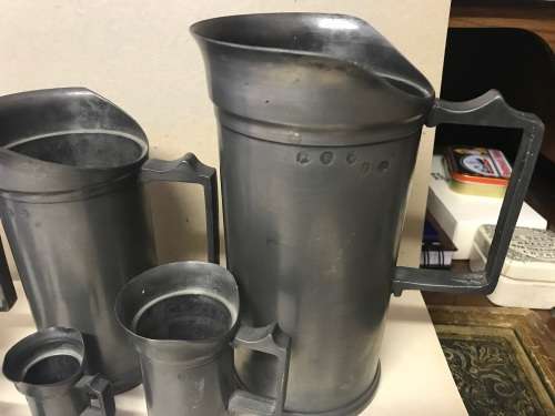 Set of  7 Victorian Pewter/Tin Measure Jugs ( set of 7, from 20 cm to 4 cm )