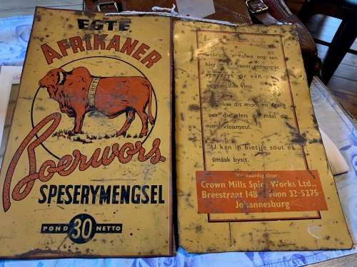 RARE ORIGINAL TIN SIGN EGTE AFRIKANER BOEREWORS SPESERYMENGSEL ( 30 x 18 ,30 x 18 cm )