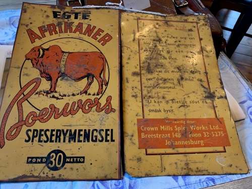 RARE ORIGINAL TIN SIGN EGTE AFRIKANER BOEREWORS SPESERYMENGSEL ( 30 x 18 ,30 x 18 cm )