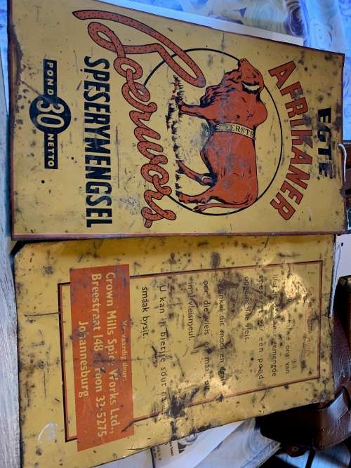 RARE ORIGINAL TIN SIGN EGTE AFRIKANER BOEREWORS SPESERYMENGSEL ( 30 x 18 ,30 x 18 cm )