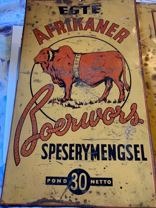 RARE ORIGINAL TIN SIGN EGTE AFRIKANER BOEREWORS SPESERYMENGSEL ( 30 x 18 ,30 x 18 cm )