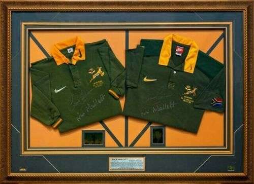 Springbok Rugby Test Jerseys: Framed pair commerating Mallets 17 wins in row