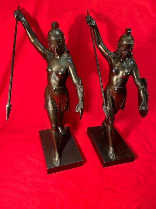 Rare Art Deco pair of Spelter Female Warriors circa 1930`s