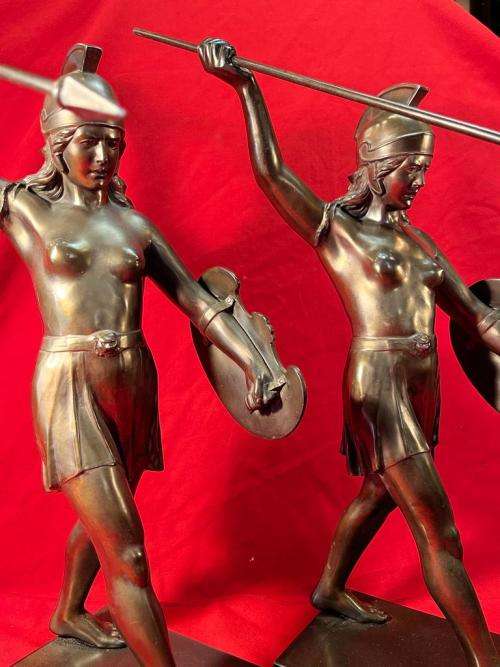 Rare Art Deco pair of Spelter Female Warriors circa 1930`s