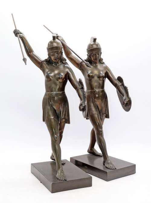 Rare Art Deco pair of Spelter Female Warriors circa 1930`s