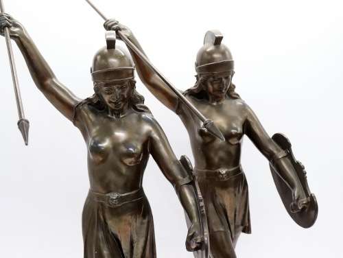 Rare Art Deco pair of Spelter Female Warriors circa 1930`s