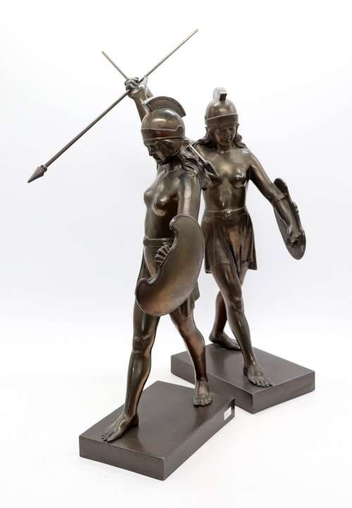 Rare Art Deco pair of Spelter Female Warriors circa 1930`s