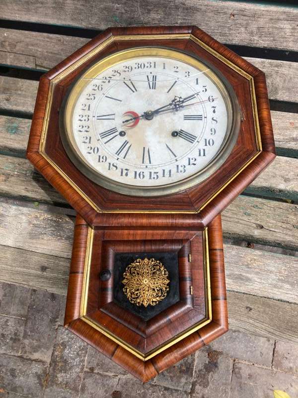 Beautiful Mahogany Welsh Calender Clock by Waterbury Clock Co