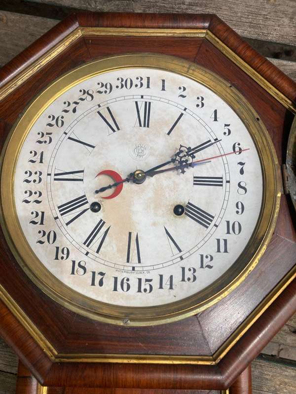 Beautiful Mahogany Welsh Calender Clock by Waterbury Clock Co