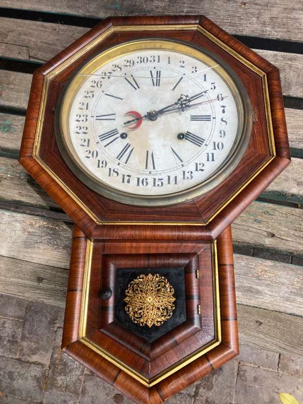 Beautiful Mahogany Welsh Calender Clock by Waterbury Clock Co