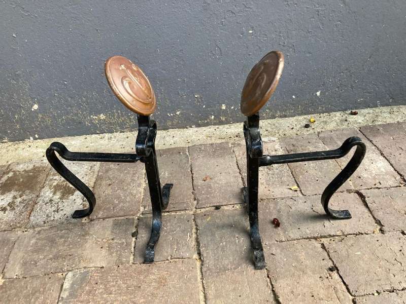 Art Nouveau pair of Copper and cast iron Firedogs
