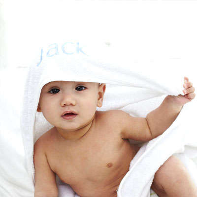 Personalised Baby Hooded Towel White with Blue Trim