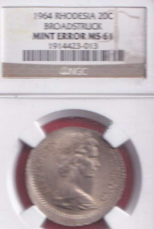 RHODESIA 1964 BROAD STRUCK 20 C ERROR NGC MS61
