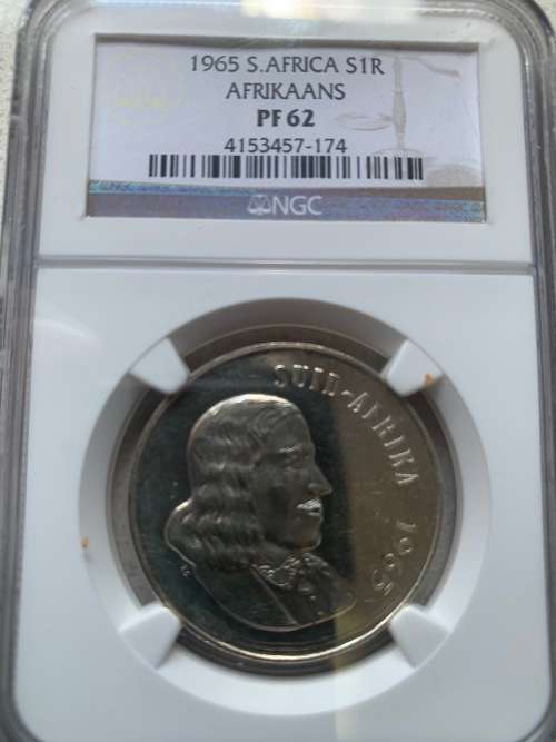 *SCARCE*!!!  1965 AFRIKAANS R1. ONLY 80 TO 120 COINS EVER MINTED ! GRADED PF62 !!