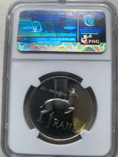 *SCARCE*!!!  1965 AFRIKAANS R1. ONLY 80 TO 120 COINS EVER MINTED ! GRADED PF62 !!