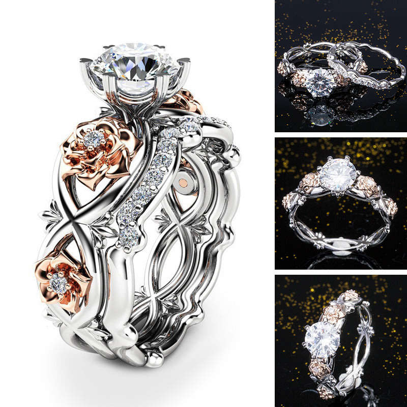 Exquisite 2Pc Platinum Plated, Zircon Rose Flower Design Ring - Sizes 4.5 & 5.5