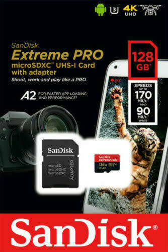 New Original Sandisk Extreme Pro 128GB SD Card  4KUHD  Speed - 170MBs  U3  A2  V30