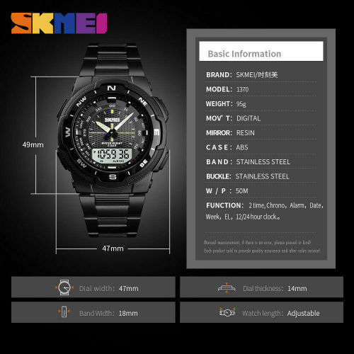 SKMEI Men Fashion Sport Dual Display Analog & Digital Stainless Steel Watch (SILVER)