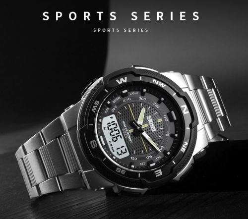 SKMEI Men Fashion Sport Dual Display Analog & Digital Stainless Steel Watch (SILVER)