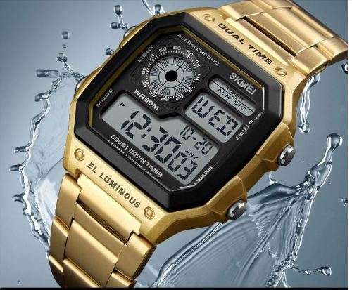 SKMEI Men's Stainless Steel LED Digital Sport Waterproof Quartz Wrist Watch COLOUR - GOLD