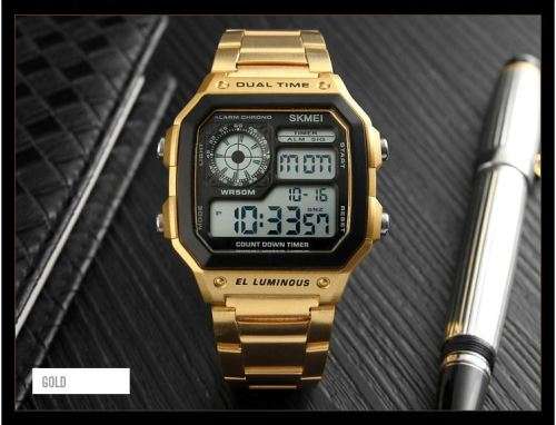 SKMEI Men's Stainless Steel LED Digital Sport Waterproof Quartz Wrist Watch COLOUR - GOLD