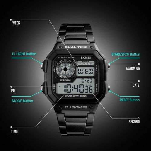 SKMEI Men's Stainless Steel LED Digital Sport Waterproof Quartz Wrist Watch COLOUR - GOLD