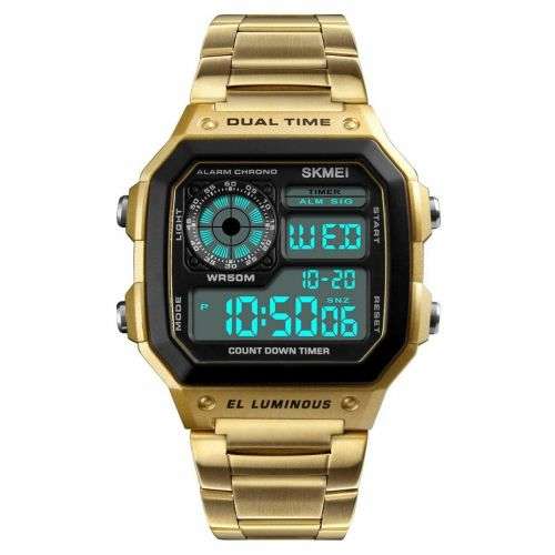 SKMEI Men's Stainless Steel LED Digital Sport Waterproof Quartz Wrist Watch COLOUR - GOLD