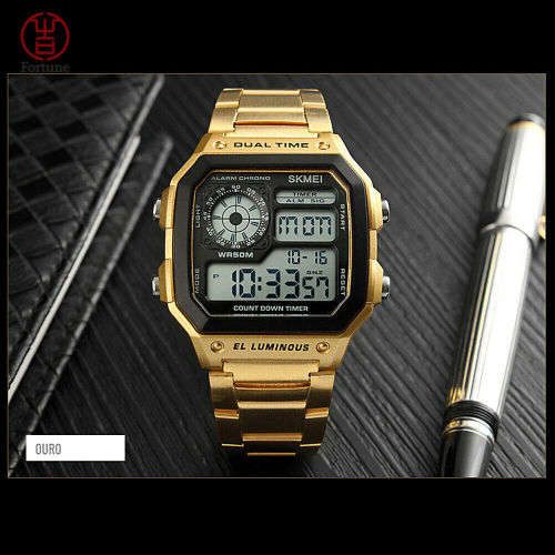 SKMEI Men's Stainless Steel LED Digital Sport Waterproof Quartz Wrist Watch COLOUR - GOLD