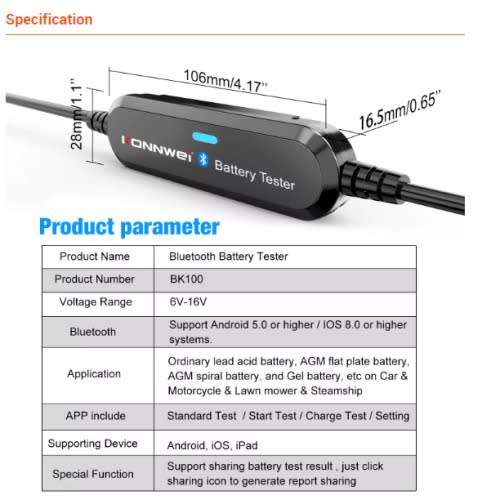 Konnwei BK100 Wireless Bluetooth Car battery tester 100- 6V 12V