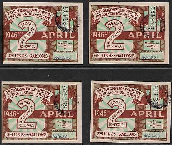 4 x Post WWII Petrol Ration Coupons in Sequence!  April 1946 - 2 Gallons!  No's 855495-98!