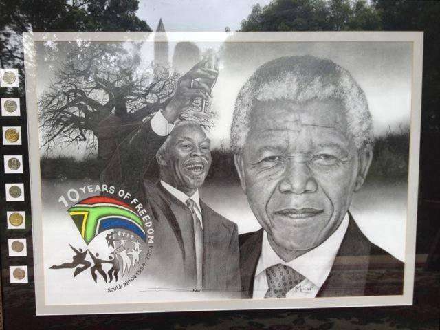 Rare NELSON MANDELA SKETCH BY DAWIE R MOCKE with Rare Nelson Mandela Coins